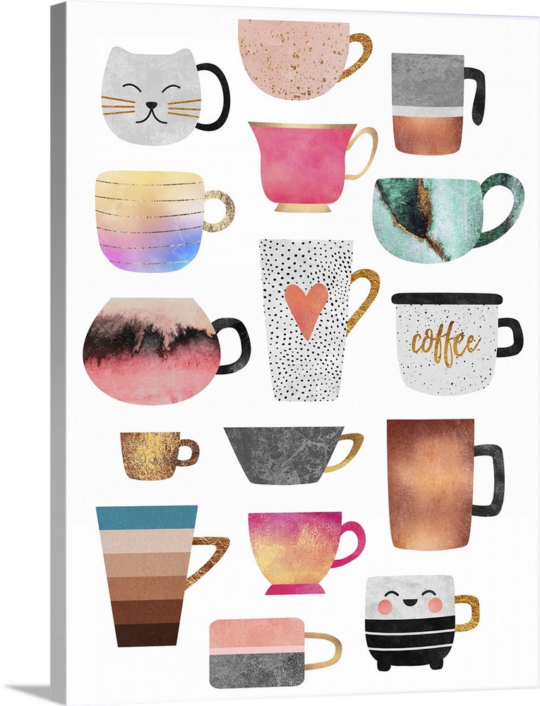 A collection of differently shaped coffee mugs featuring different patterns and textures, including a cat face, a heart an...