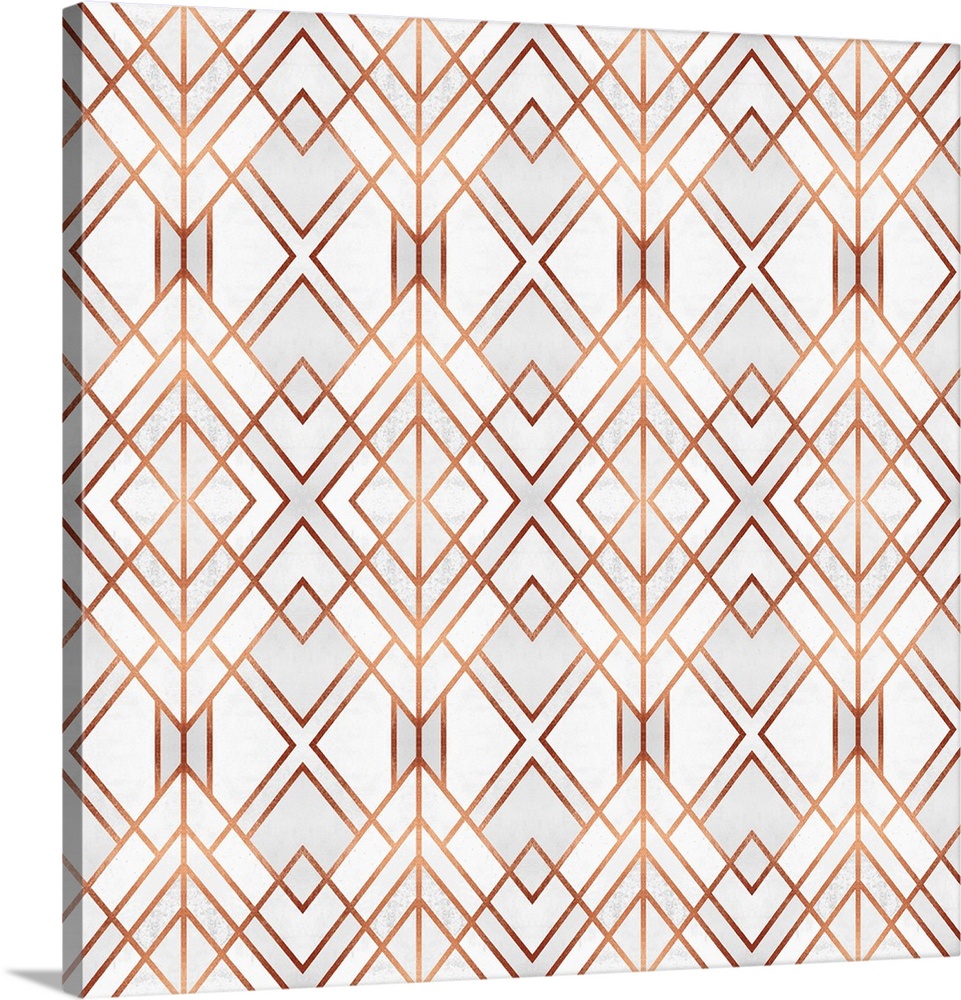 A geometric, ikat-type design in shades of white and grey, outlined in copper lines.
