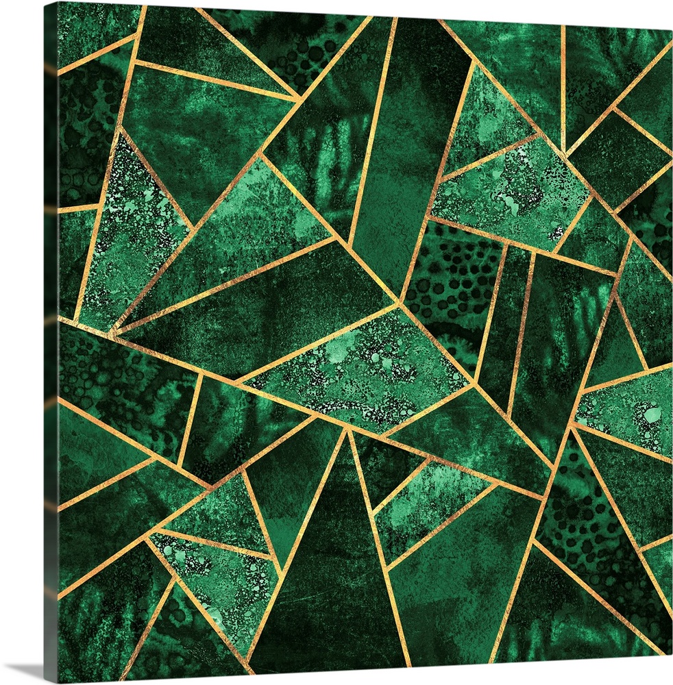 A contemporary, geometric, art deco design in shades of green. The shapes are outlined in gold.