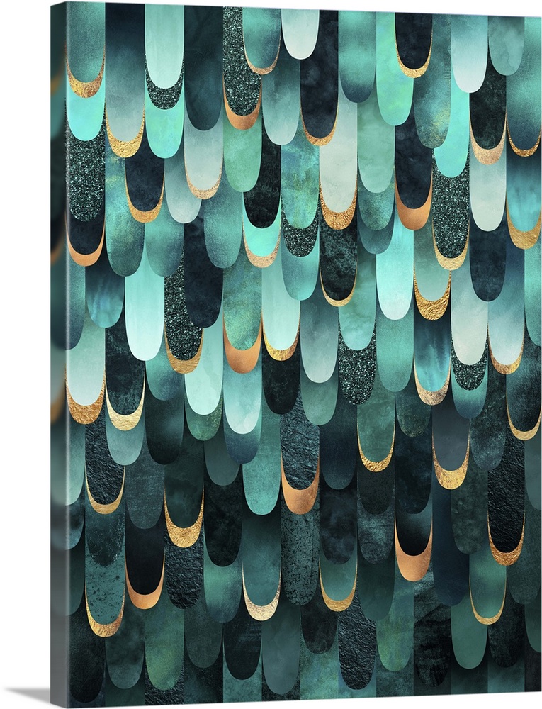 Overlapping scales in shades of teal, turquoiseform a feather design