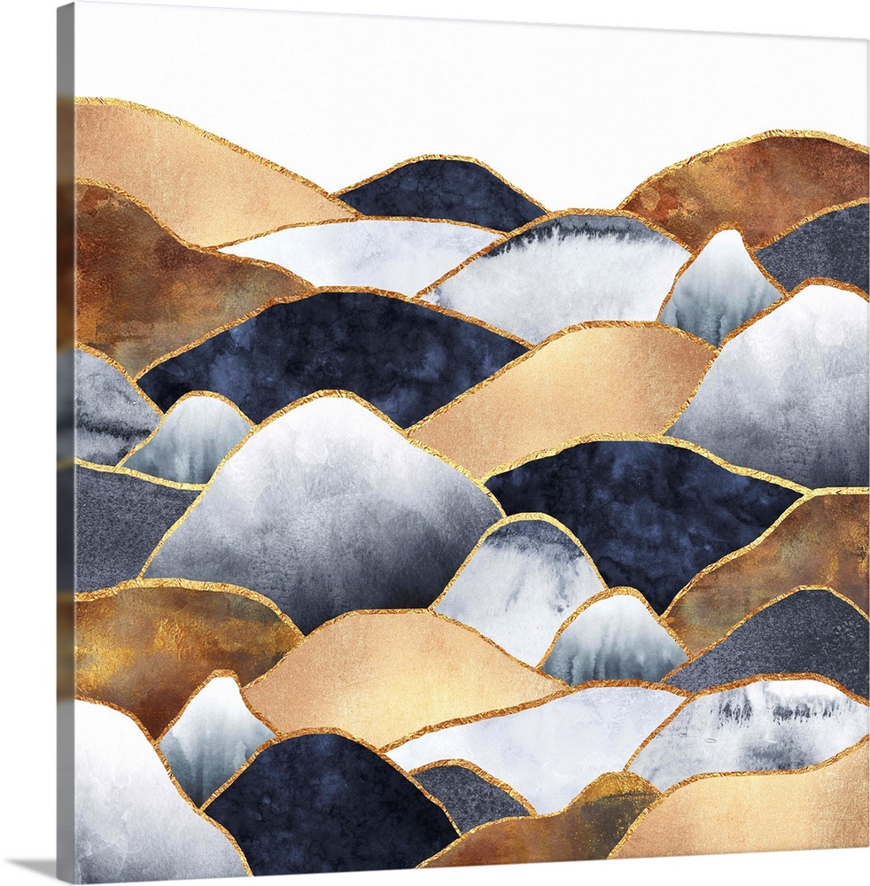 Contemporary design of rounded peaks in shades of indigo, grey and copper; outlined in gold.