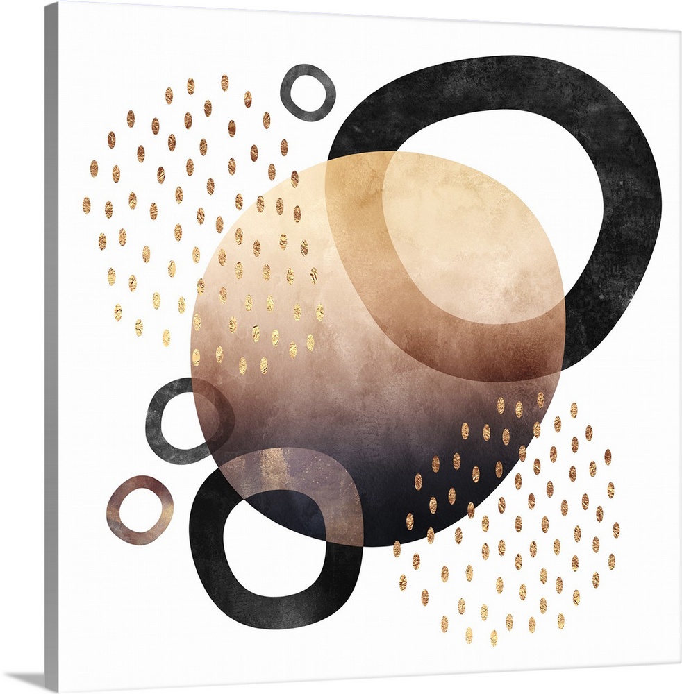 Organic circle and ring shapes with dotted highlights in shades of rose gold, gold, and black on a white background.