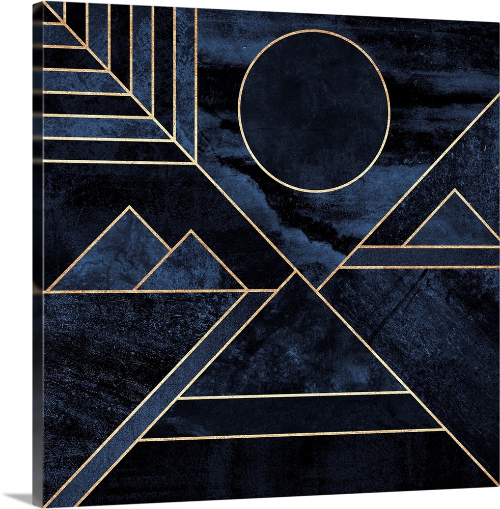 A contemporary, geometric, art deco design in shades of grey and blue. The shapes are outlined in gold and suggest a mount...