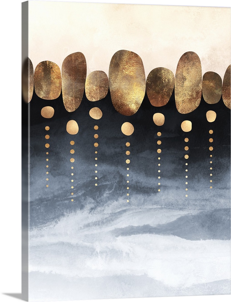 A row of organic, copper-colored ovals rest between a pale cappucino colored sky and a landscape of indigo and cream below