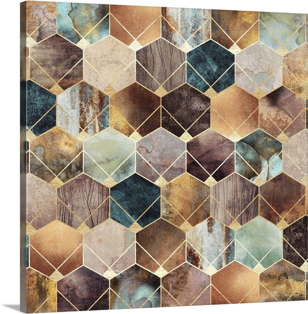 Contemporary abstract design of a set of gold hexagons in metallic greens and earth tones