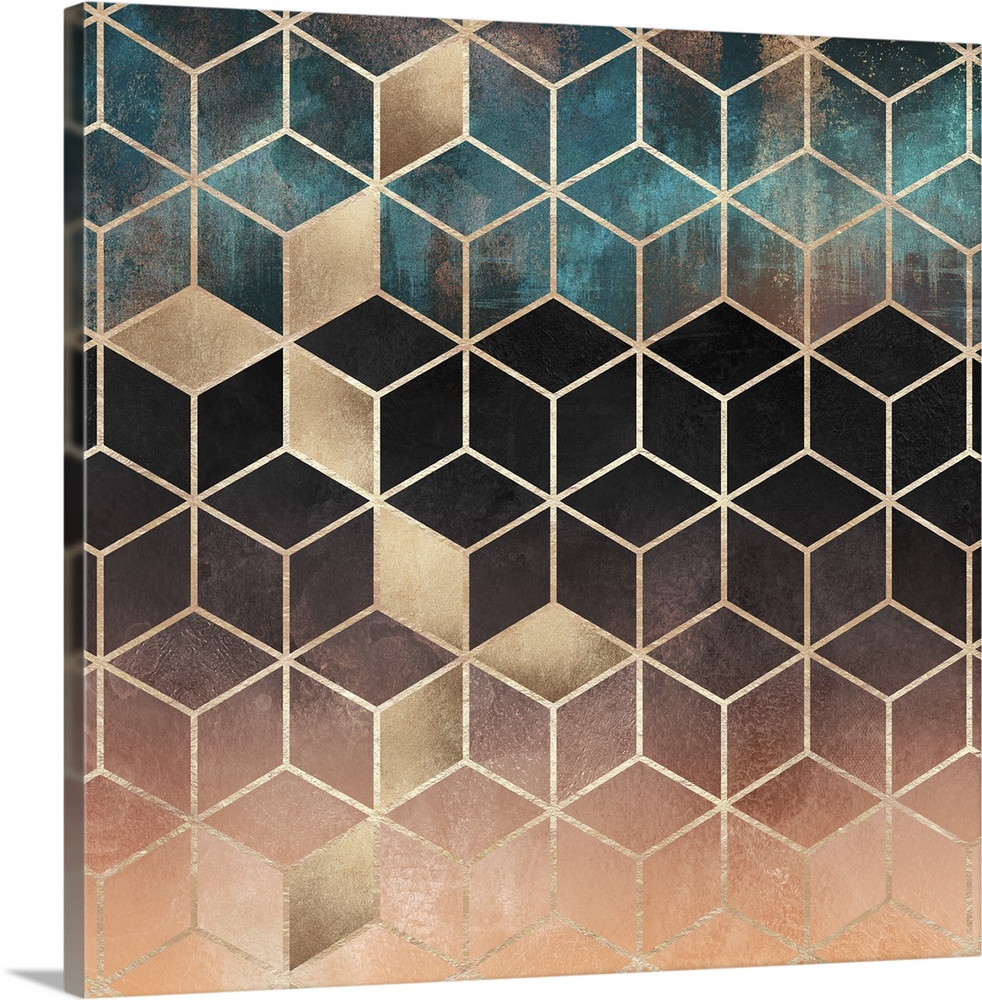 A prism of triangles in various shades of textured teal, brown and peach are arranged in to form a three-dimensional prism...
