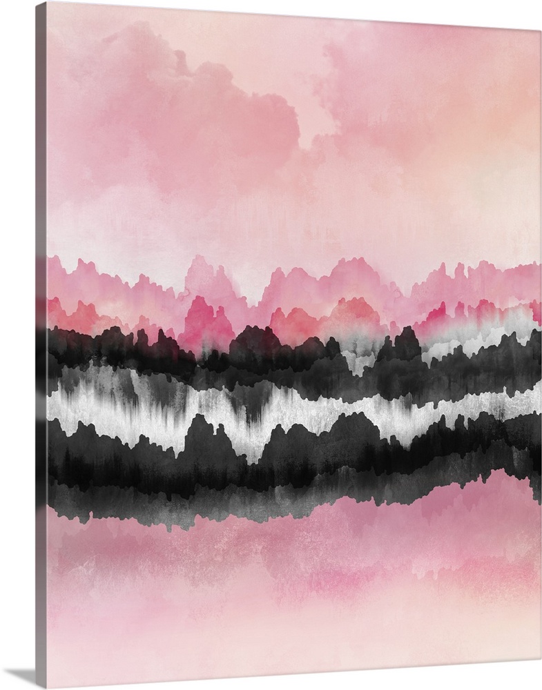 Contemporary, vertical abstract design in shades of pink, blush, ivory and dark grey, with bands of color appearing to mer...