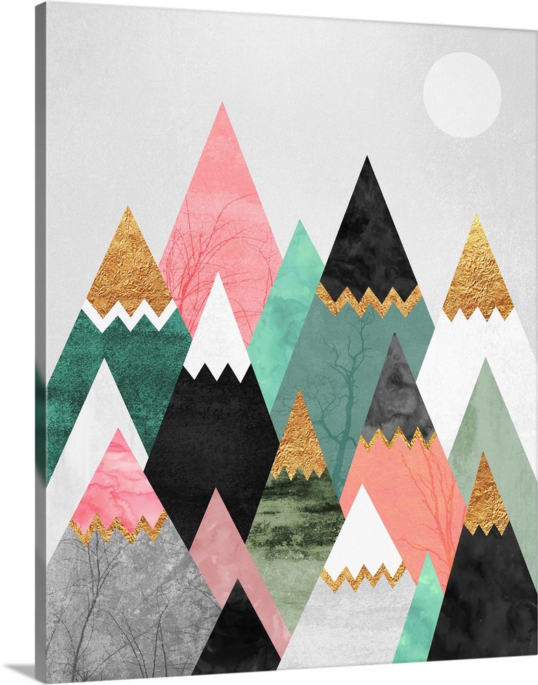 A simple geometric interpretation of triangular mountains in shades of green, pink, white and grey beneath a white moon.