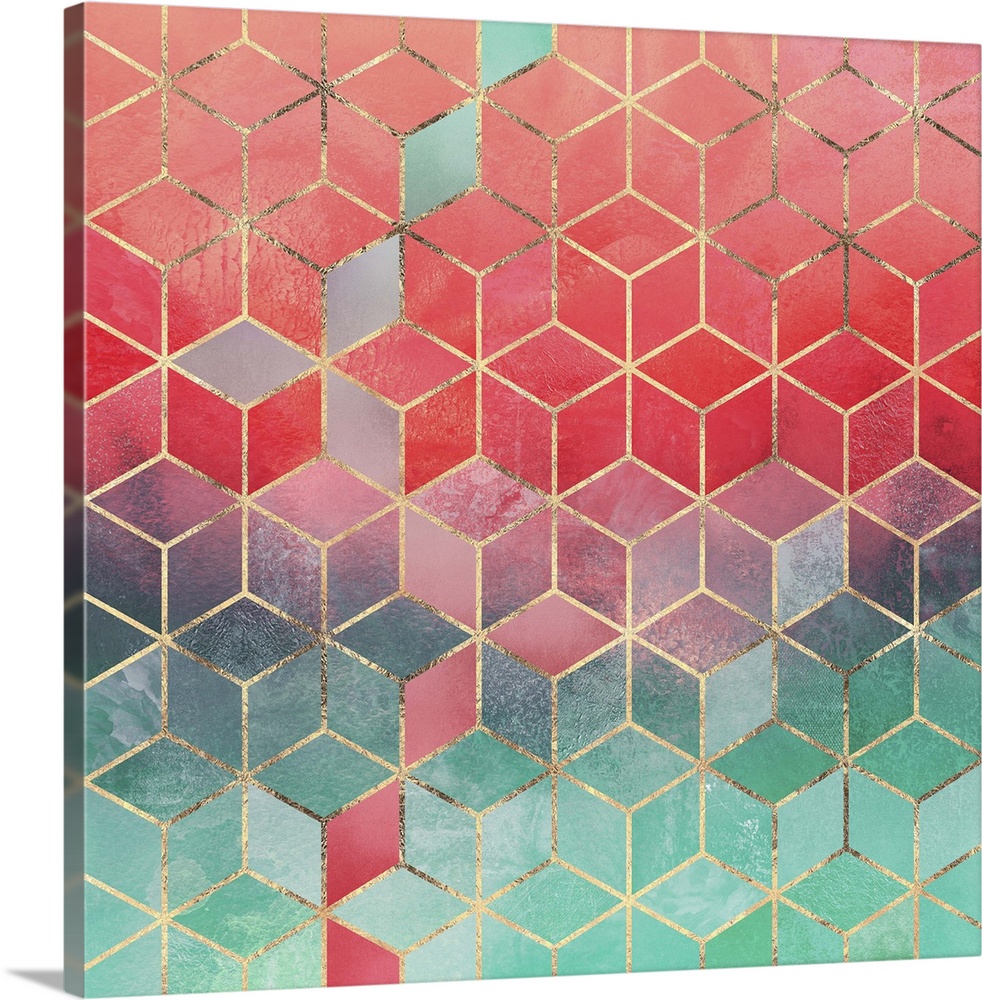 A prism of triangles in various shades of textured rose pink, watermelon pink and turquoise are arranged in to form a thre...