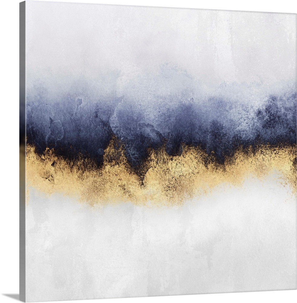 Contemporary, square abstract design in shades of blue, indigo, ivory and gold, with bands of color appearing to merge hor...