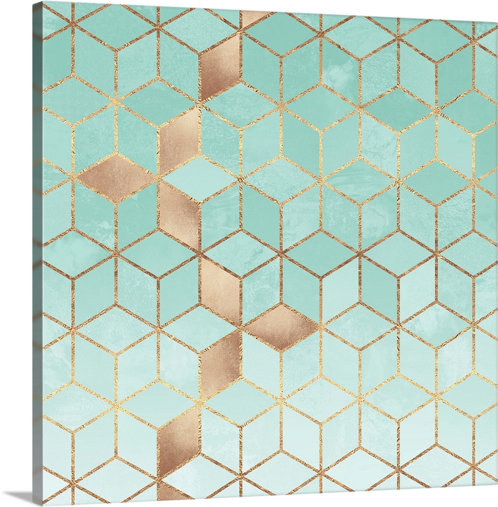 A contemporary, geometric, art deco design in shades of aquamarine and gold. The shapes are outlined in gold and suggest a...