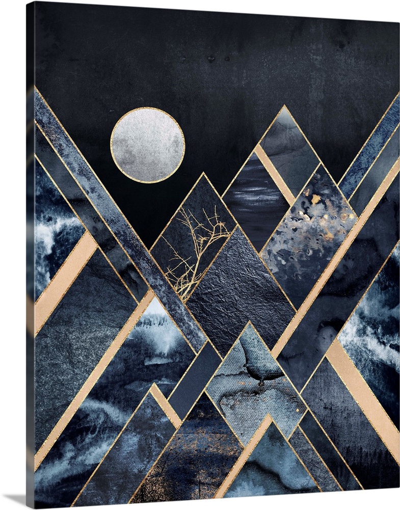 A simple geometric interpretation of triangular mountains in shades of steel blue, gold and grey beneath a white moon.