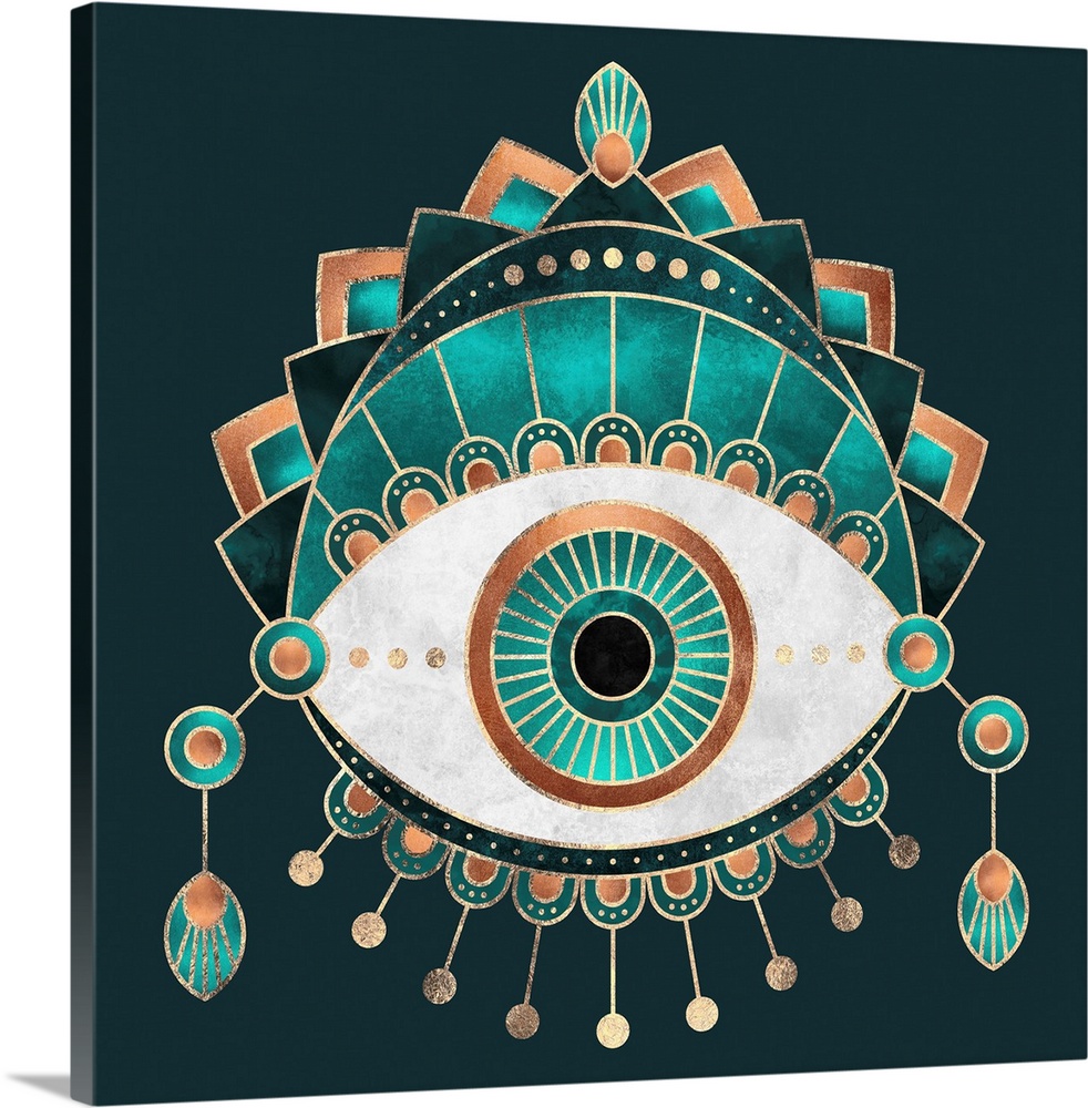 Hindu-style design of an elaborately decorated eye in shades of teal and copper.