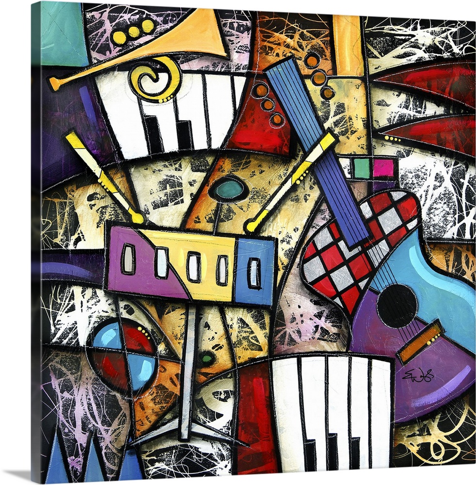 Large, square contemporary artwork of a vibrant grouping of various musical instruments, including a guitar, piano, and tr...