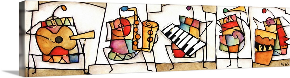 Panoramic contemporary art depicts a number of abstract individuals playing a set of instruments that include a guitar, sa...