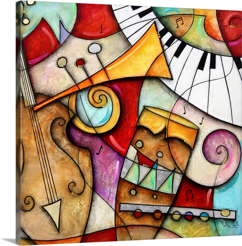 Musical instruments that have been elongated and abstracted into a contemporary painting on a square shaped canvas.