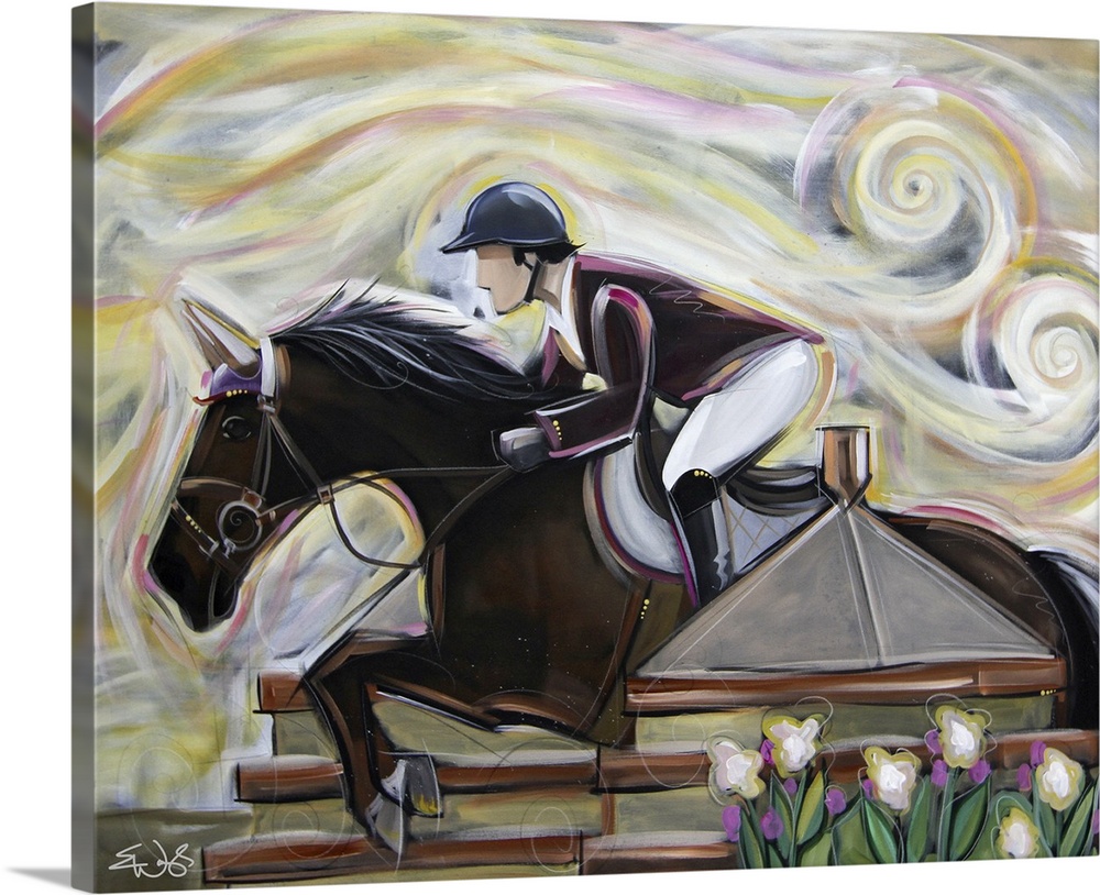 Contemporary painting of a rider jumping a black horse over a decorative hurdle.