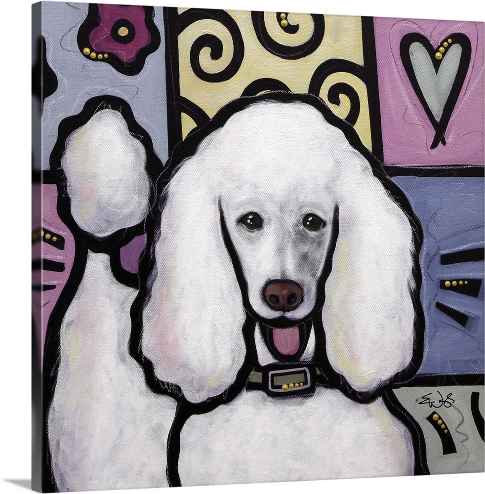 Pop art style painting of a white Standard Poodle dog.