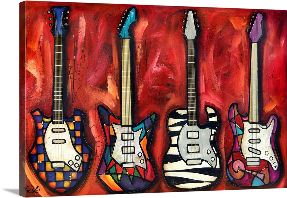 This contemporary artwork has four different types of guitars lined up all with unique designs on a deep red background.