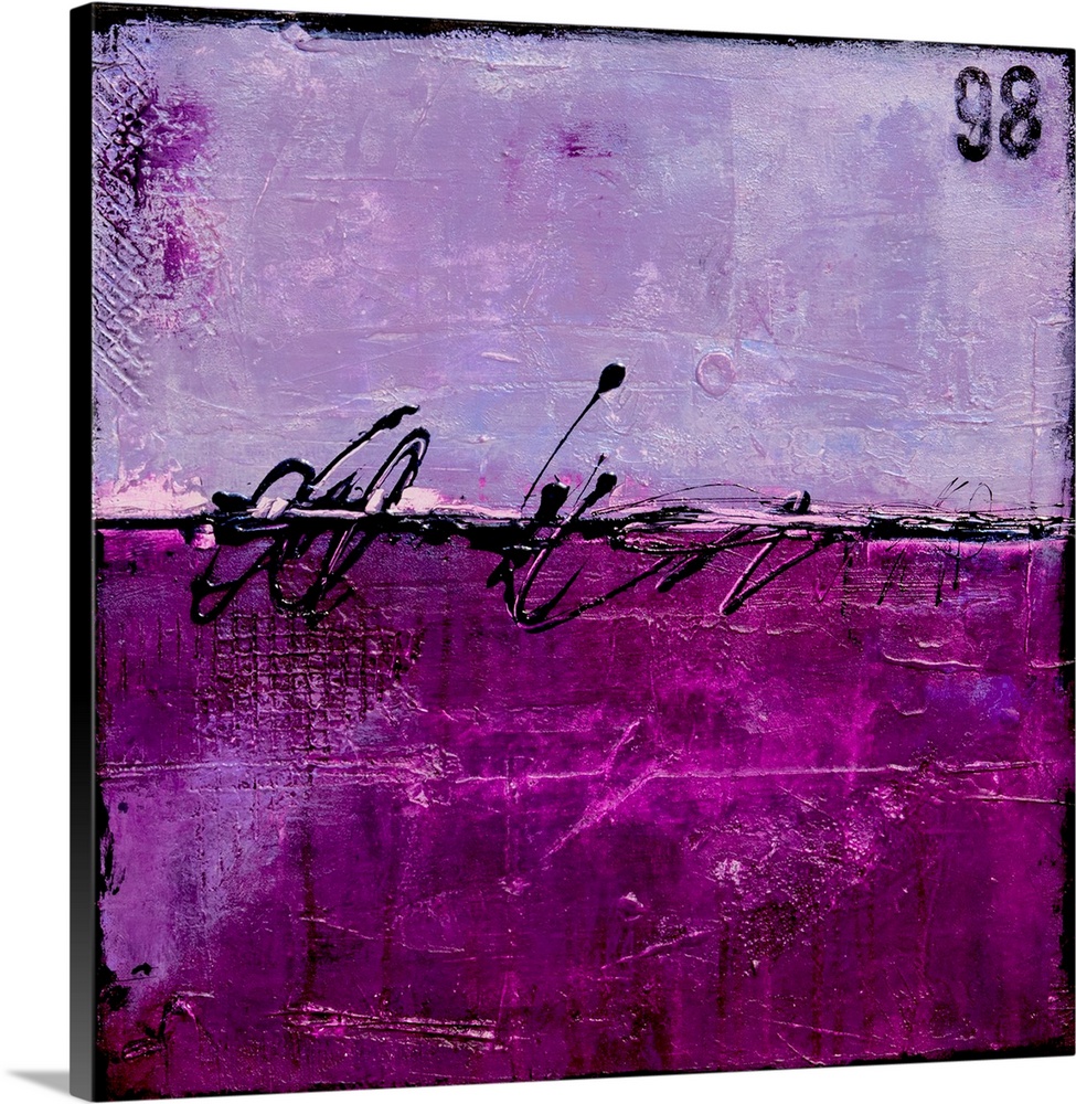 Abstract painting with a bright purple and lavendar splitting the painting in half with a thin, black squiggly line runnin...
