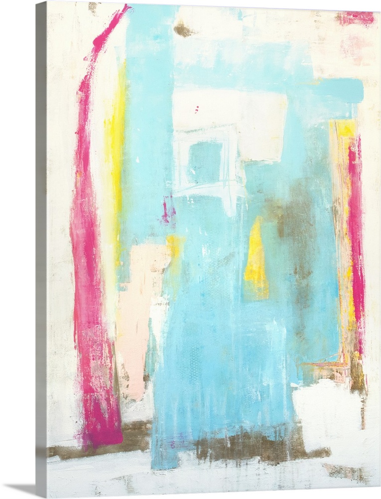 Abstract contemporary artwork in summery pastel shades of pink and blue.