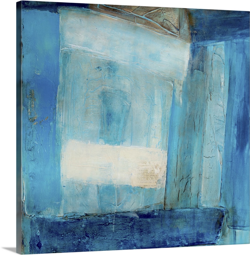 Abstract contemporary art print in color blocks of varying shades of deep blue.