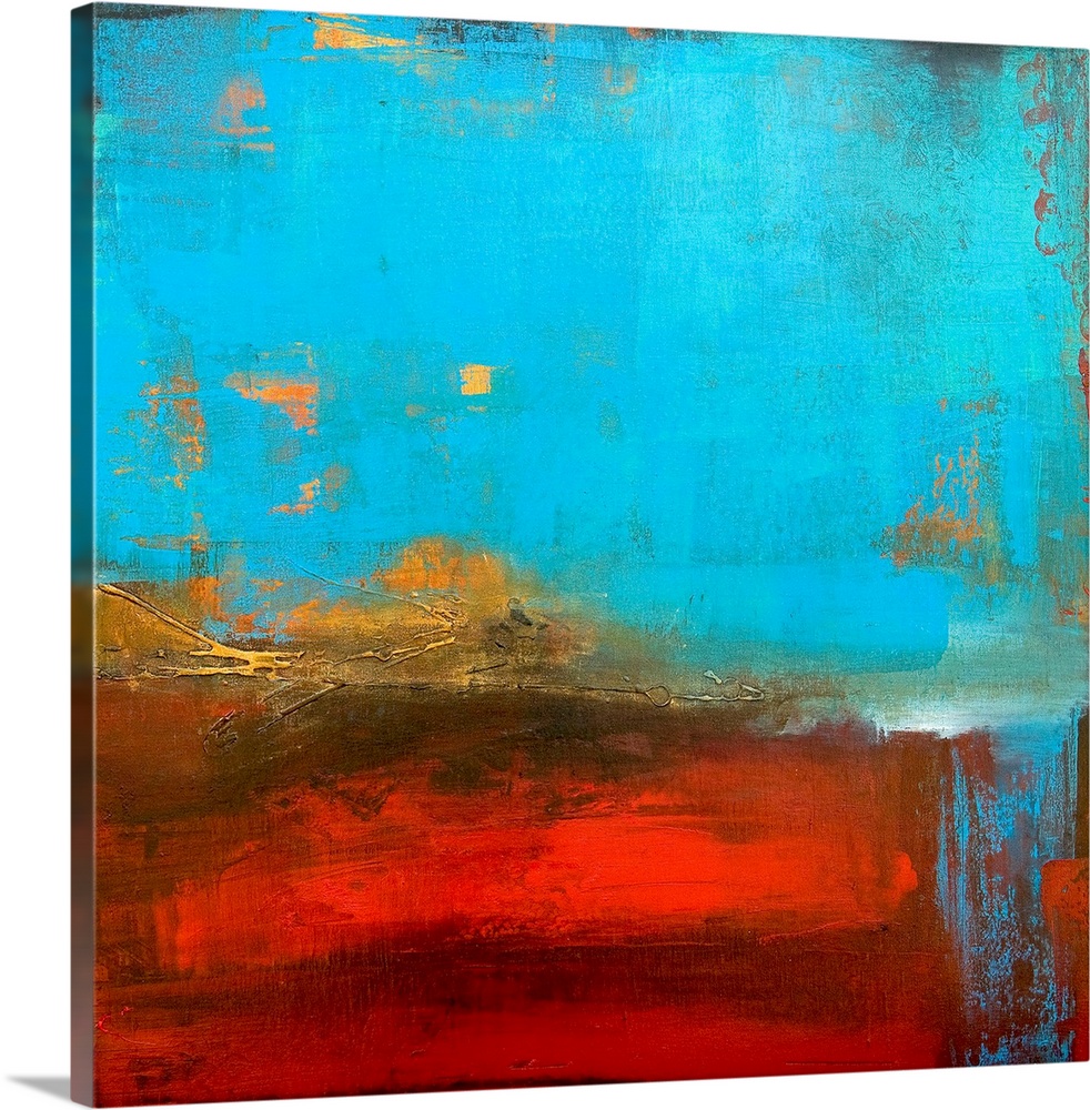 Abstract canvas painting of cool tones meeting warms tones.