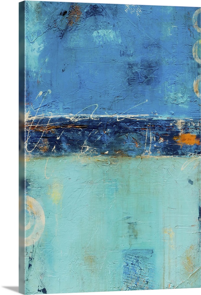 Contemporary abstract painting in shades of blue and teal, with small ring shapes.