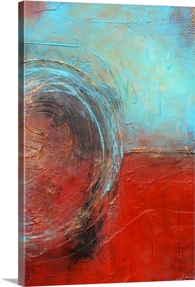 Abstract contemporary painting of two opposing colors separated by a line and joined together by a half circle.