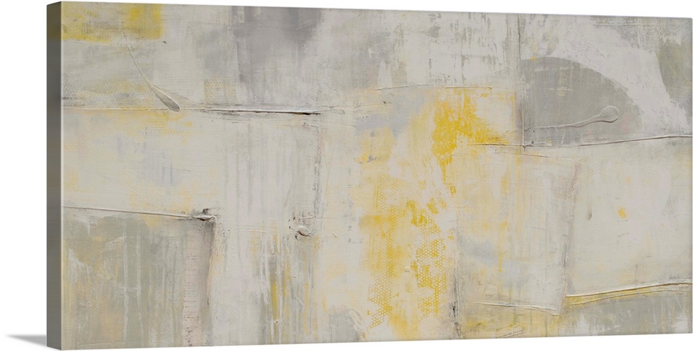 Contemporary abstract artwork in pale, muted shades of grey and yellow.