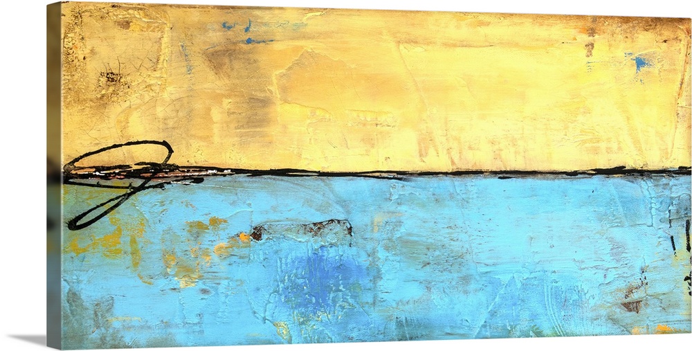 Horizontal abstract painting split into two sections of light blue and yellow with heavy distressing and paint drips throu...