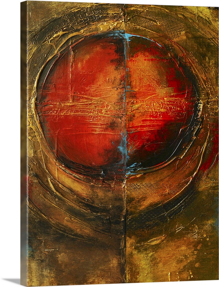Vertical contemporary painting on a giant canvas of a fiery circle encased by a golden, rounded shape.  Painted with thick...