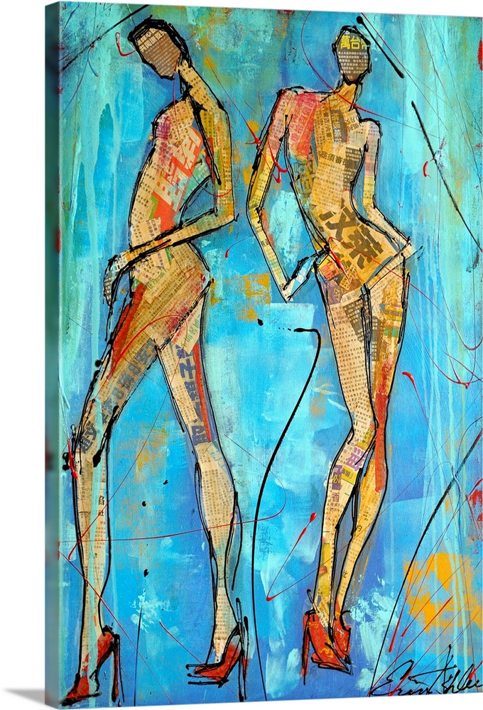 This vertical mixed media painting is an abstract two elongated female figures filled with newsprint on a painted backdrop.