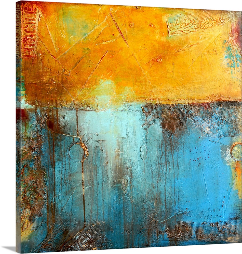 A contemporary abstract painting using a golden yellow and light blue meeting together like two walls.