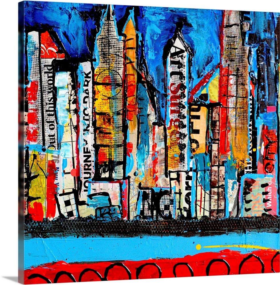 Big contemporary art portrays the New York skyline through the use of lively colors and cutouts from various materials inc...