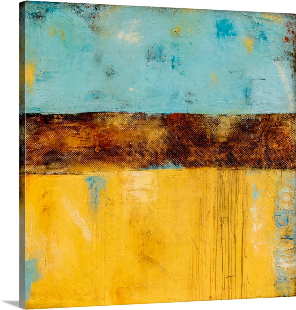 Square abstract painting created with shades of blue and yellow with a thick, textured, brown, horizontal band running acr...