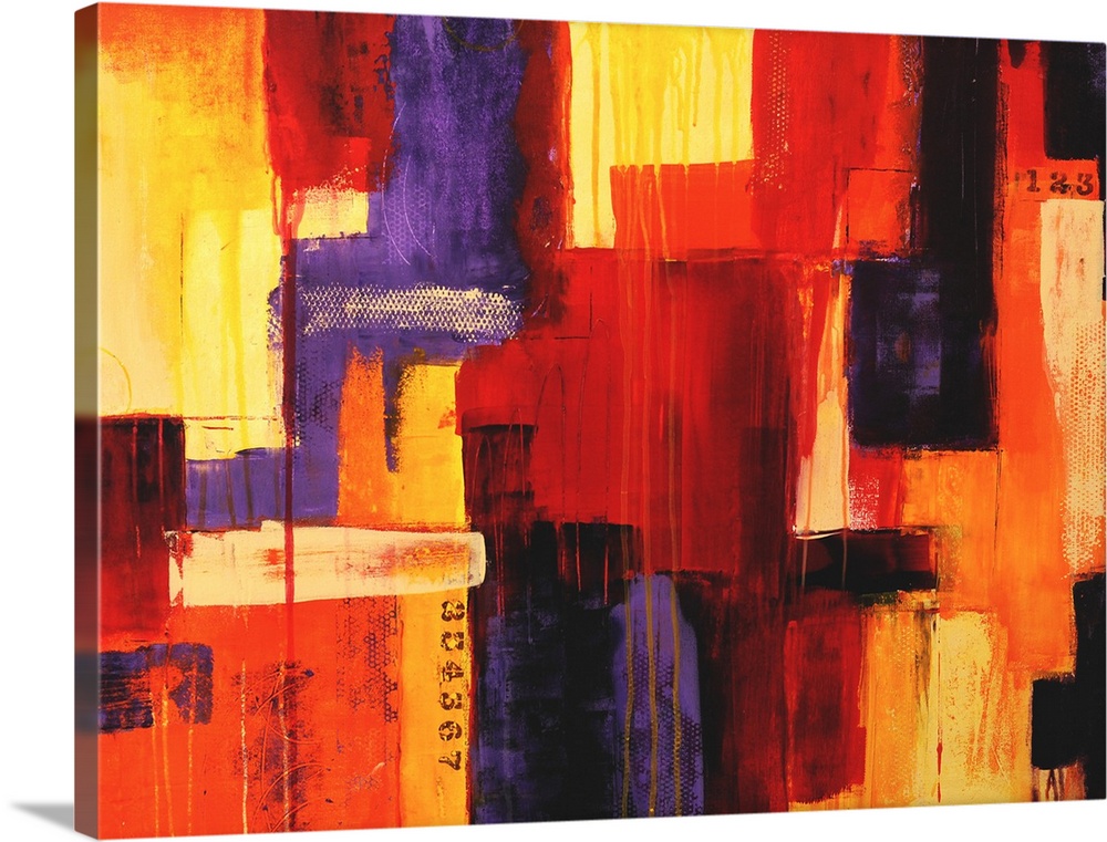 Large abstract painting of various colored large brushstrokes put together on canvas.