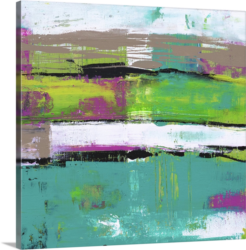 A square contemporary abstract painting made up of bright and playful hues of several shades of blue, green, and fuchsia, ...