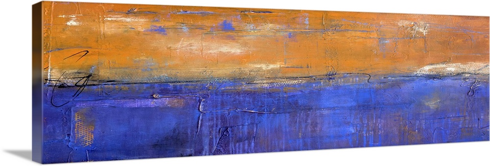 Panoramic abstract painting in bold orange and blue hues with white coming through and thin, black, squiggly lines on top.