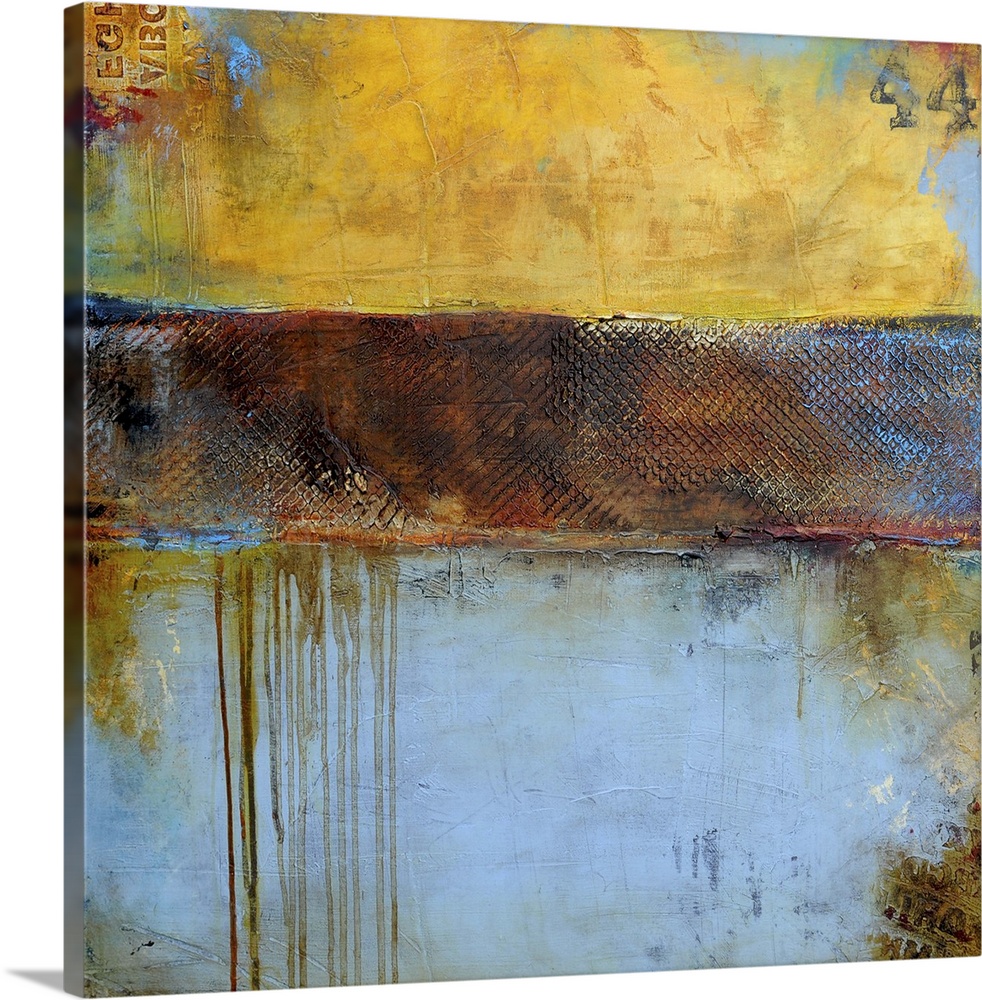 Contemporary abstract painting of a color-field of weathered yellow brown and pale blue tones.