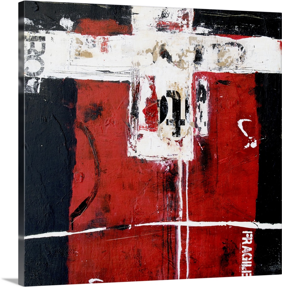 A square contemporary abstract painting that has a black and dark red background displaying a white crossroad at the top a...