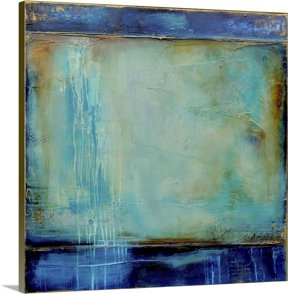 Abstract contemporary art print in color blocks of navy blue and textured turquoise.