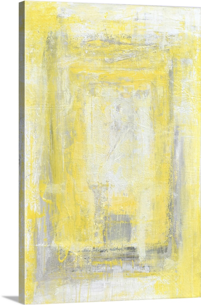 A contemporary abstract painting using pale yellow and white in concentric boxes.