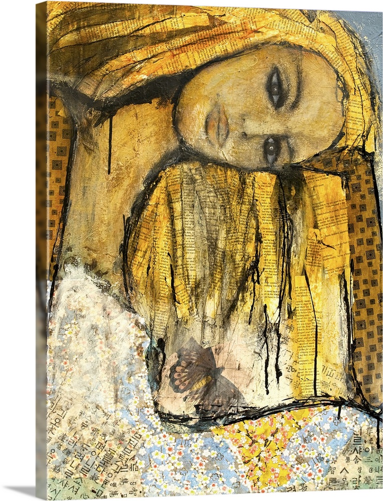 Large contemporary abstract painting of a woman dreaming while laying down.