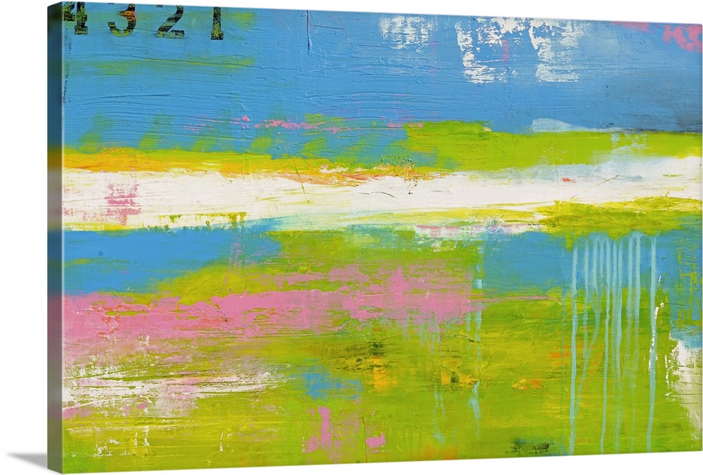 This is a horizontal abstract painting of lengthwise streaks of neon and pastel colors.