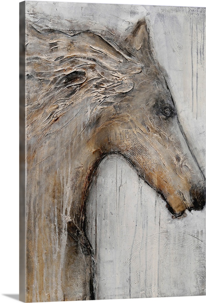 Portrait, oversized painting in neutral tones of the head and chest of a horse, mane blowing in the wind.  Image is painte...
