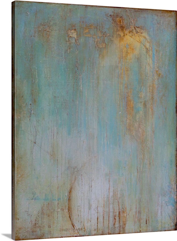 Vertical abstract painting created with a muted blue turning into gray with streaking lines in gold running down to the bo...