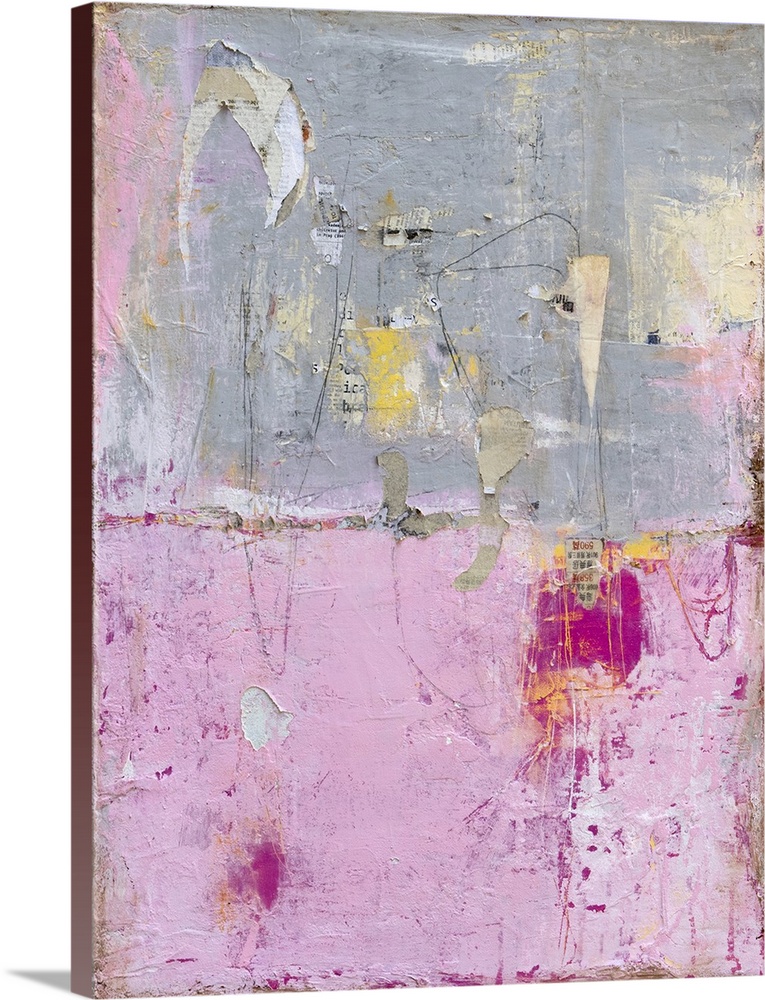 Inspired by dilapidated buildings, this contemporary artwork features torn layers of pink and gray paint with distressing ...