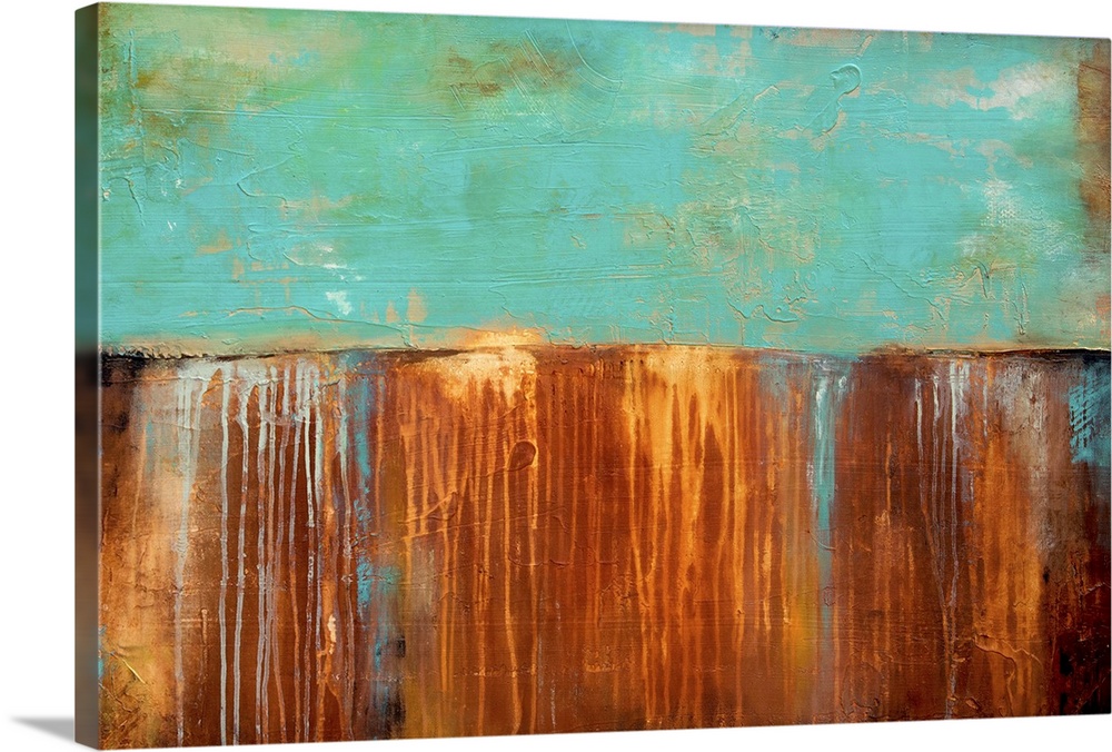A contemporary abstract painting that is divided into two horizontal sections, a cool blue-green textured top and a warm r...