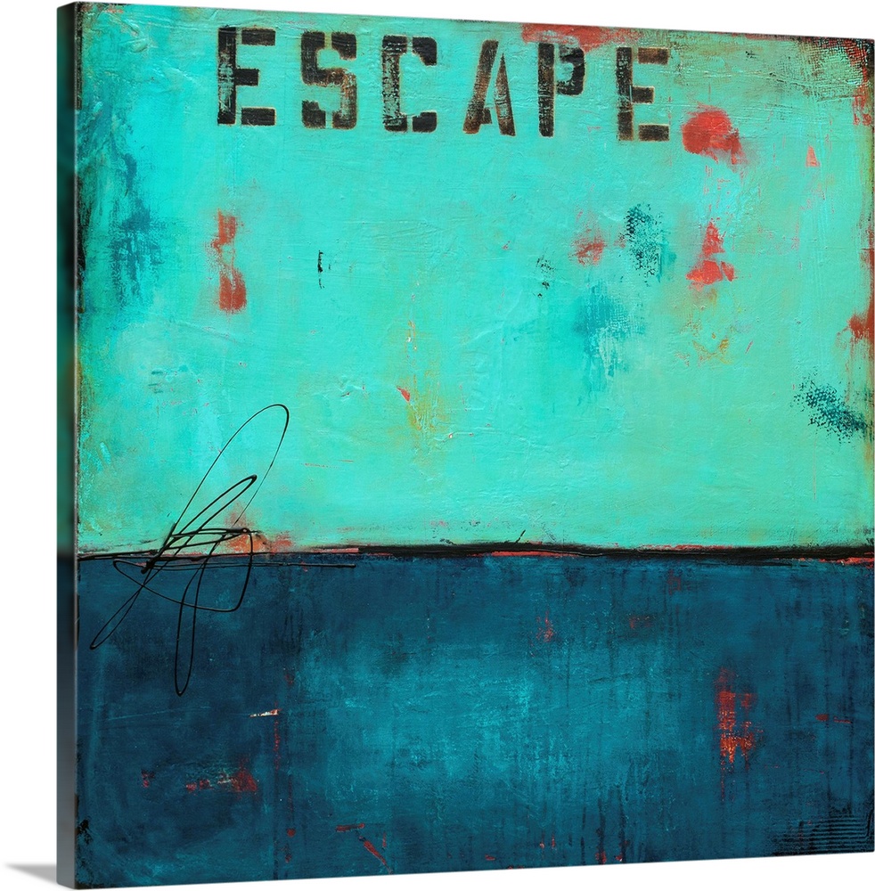 Square abstract art created in shades of blue with pops of red throughout and the word "Escape" stenciled at the top.